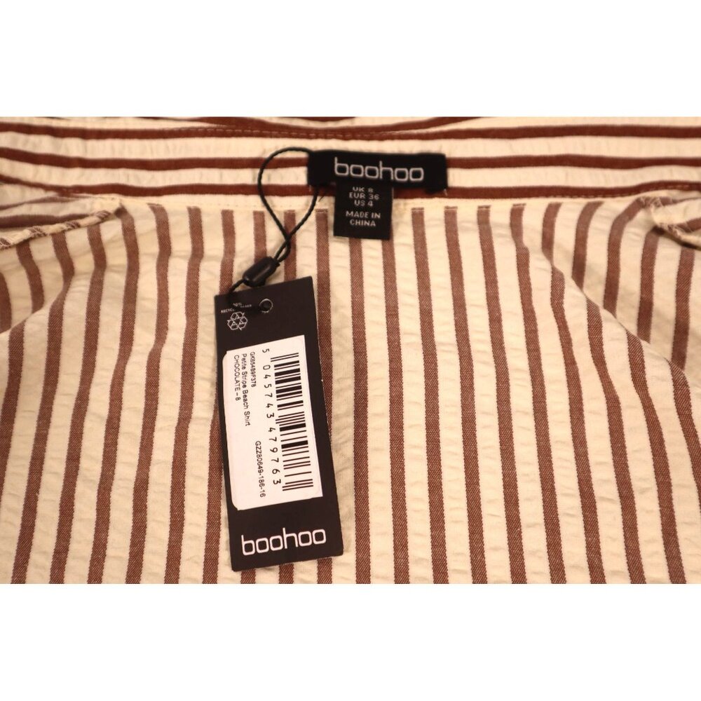 Boohoo women's Striped beach shirt chocolate Button-Up Long Sleeve Size 4 petit - Picture 8 of 16